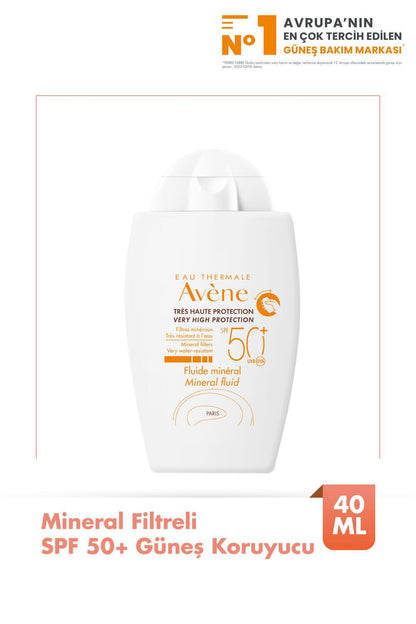 Sunscreen Avène mineral SPF 50+ bottle, white with orange text, 40 ml on Tampa Home & Garden Store