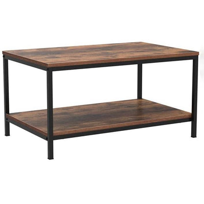 Mesa de centro industrial de 2 niveles de alta resistencia con acabado de madera rústica marrón