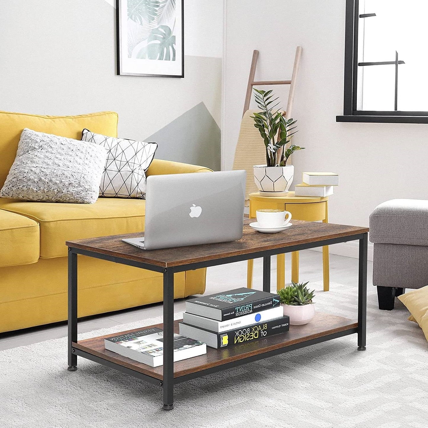Mesa de centro industrial de 2 niveles de alta resistencia con acabado de madera rústica marrón