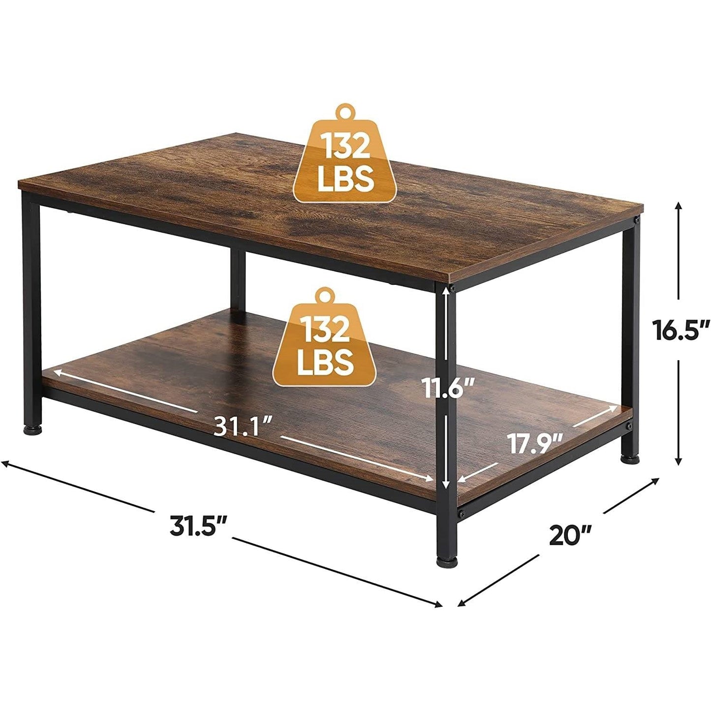 Mesa de centro industrial de 2 niveles de alta resistencia con acabado de madera rústica marrón