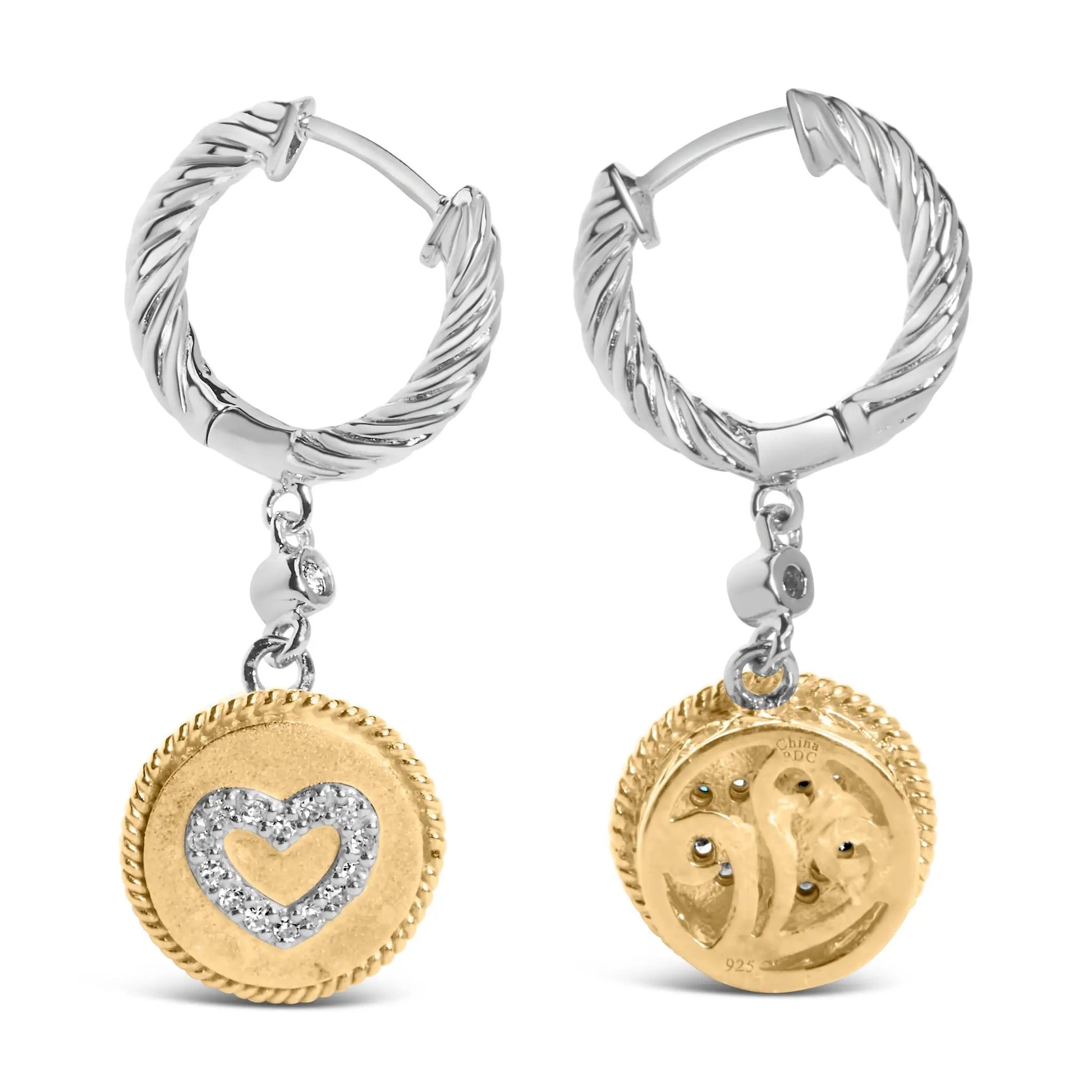 Earrings: drop with twisted silver hoops and gold diamond-heart medallions by Bids.com on Tampa Home & Garden Store