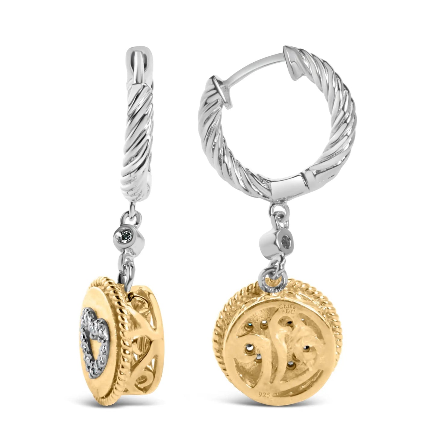 Two-tone silver and gold plated twisted hoop earrings with diamonds and heart medallion on Tampa Home & Garden Store