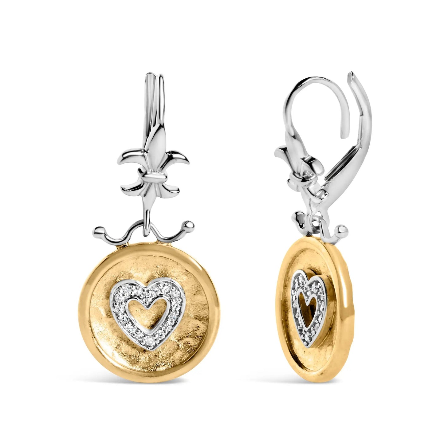 Two-tone heart medallion drop earrings, 18K gold plated over sterling diamond accents on Tampa Home & Garden Store