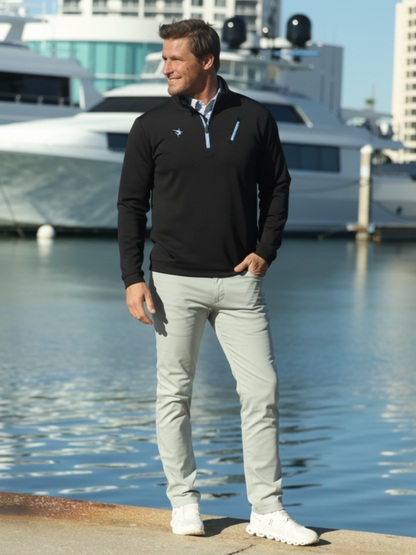 Seaport Pants by White Water Life in light gray, men's pants worn by a man near yachts on Tampa Home & Garden Store