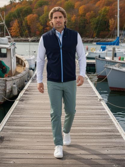 Seaport pants by White Water Life in sea green lightweight fabric worn by man on a marina dock on Tampa Home & Garden Store