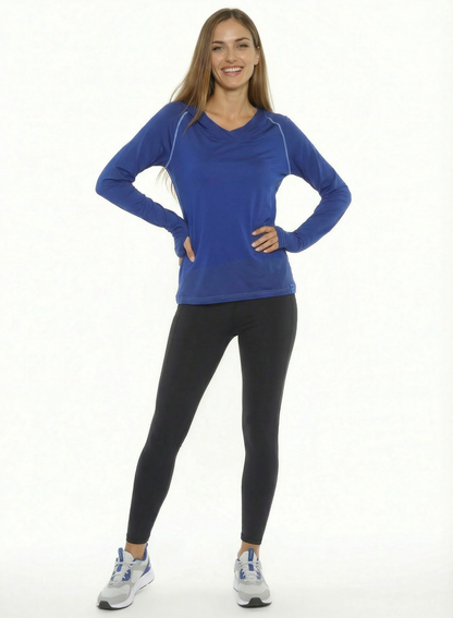 Seaside Performance Hoodie by White Water Life blue with contrast stitching on model on Tampa Home & Garden Store