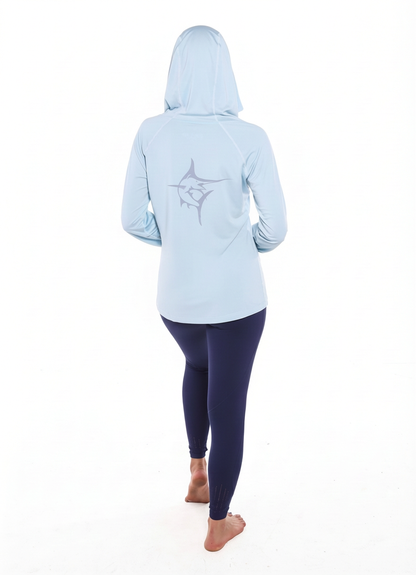Seaside Performance Hoodie White Water Life light blue with back logo; navy leggings on Tampa Home & Garden Store