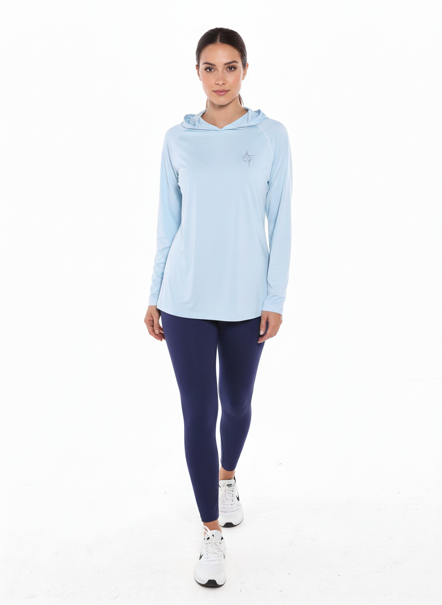 Seaside Performance Hoodie blue top by White Water Life logo, navy leggings on Tampa Home & Garden Store