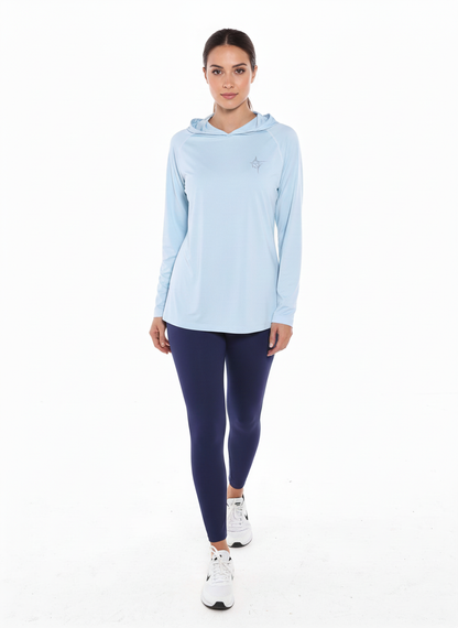 Seaside Performance Hoodie blue top by White Water Life logo, navy leggings on Tampa Home & Garden Store