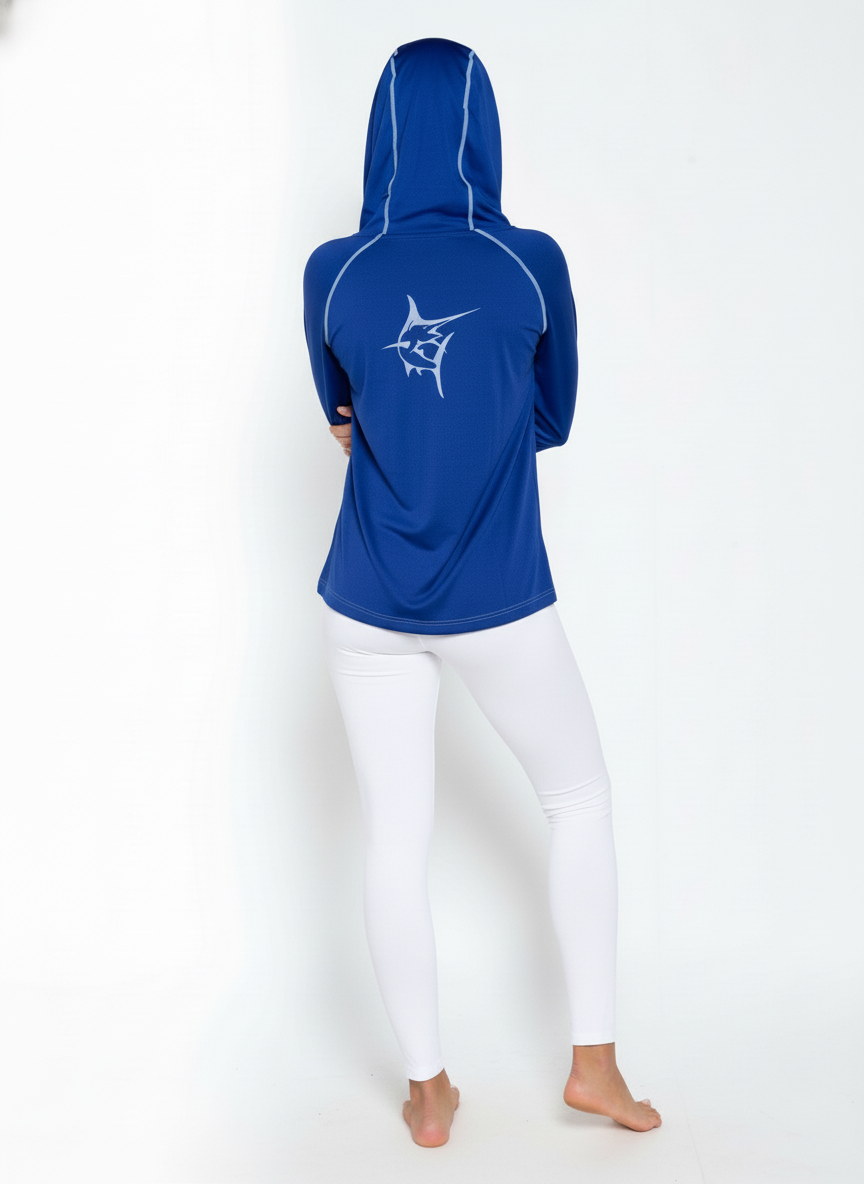 Seaside Performance Hoodie White Water Life royal blue hooded top with piping and back logo on Tampa Home & Garden Store