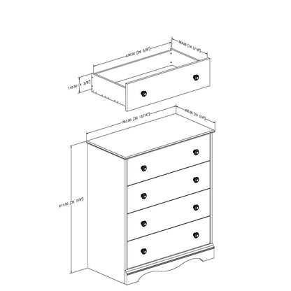 Cómoda blanca de dormitorio de 4 cajones con tiradores de madera