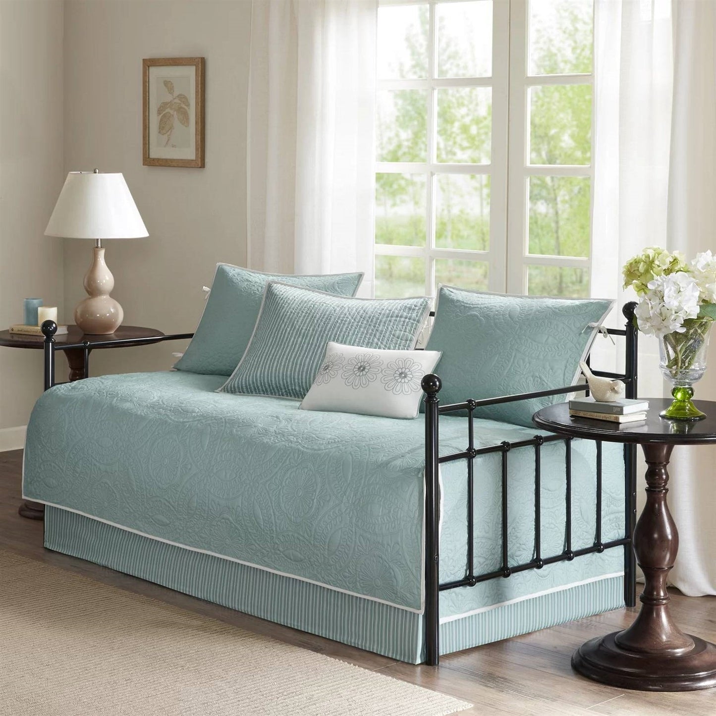 Juego de colcha reversible de 6 piezas para sofá cama, estilo rústico, color azul verdoso y verde espuma de mar