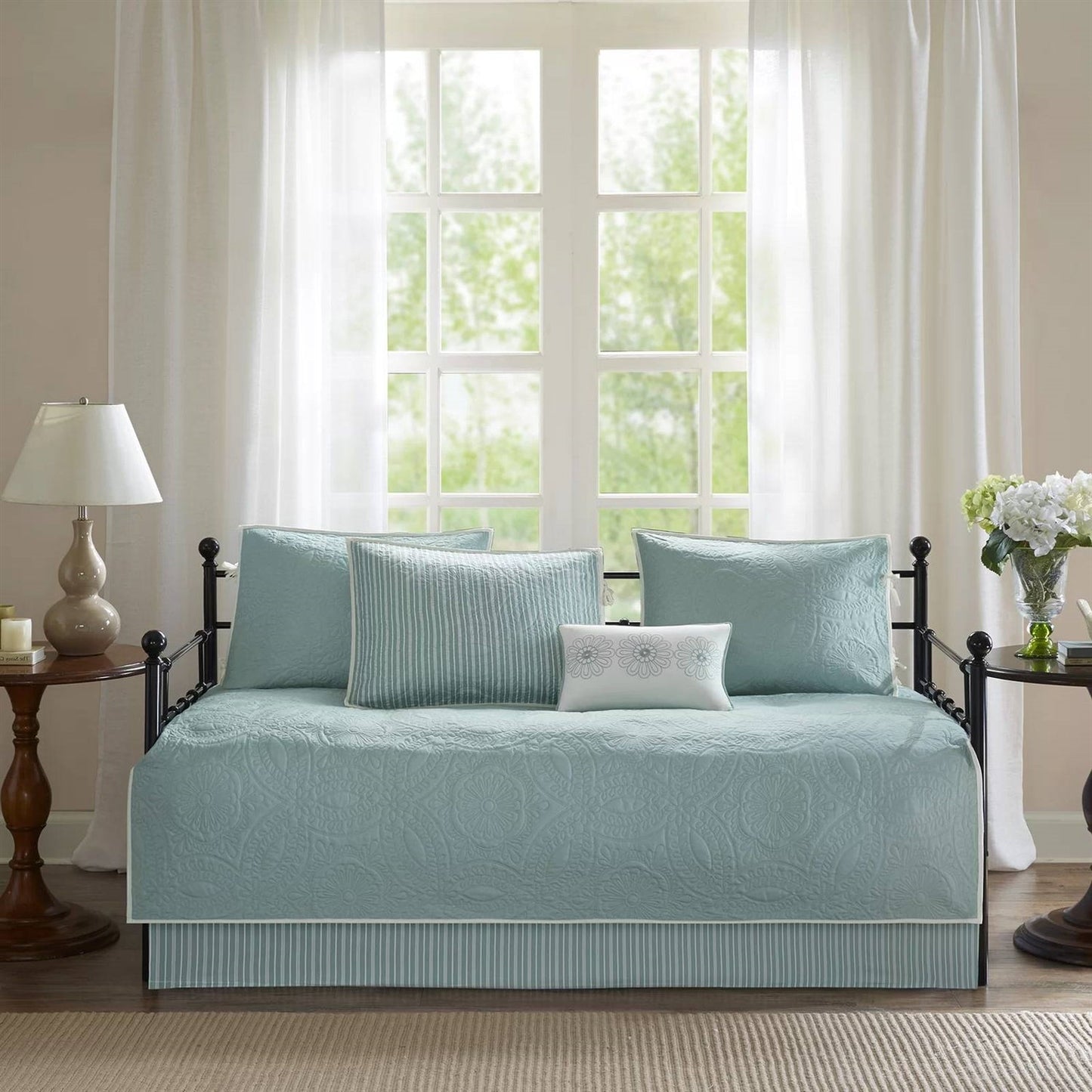 Juego de colcha reversible de 6 piezas para sofá cama, estilo rústico, color azul verdoso y verde espuma de mar