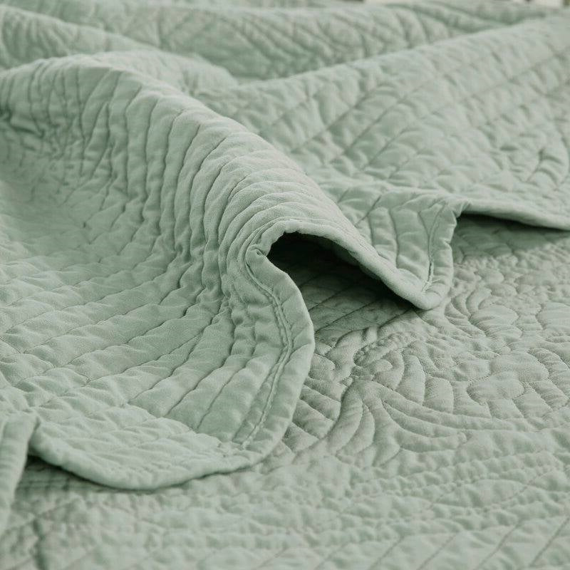 Juego de colcha reversible de microfibra de 3 piezas con bordes festoneados, tamaño matrimonial/queen, en color verde espuma de mar