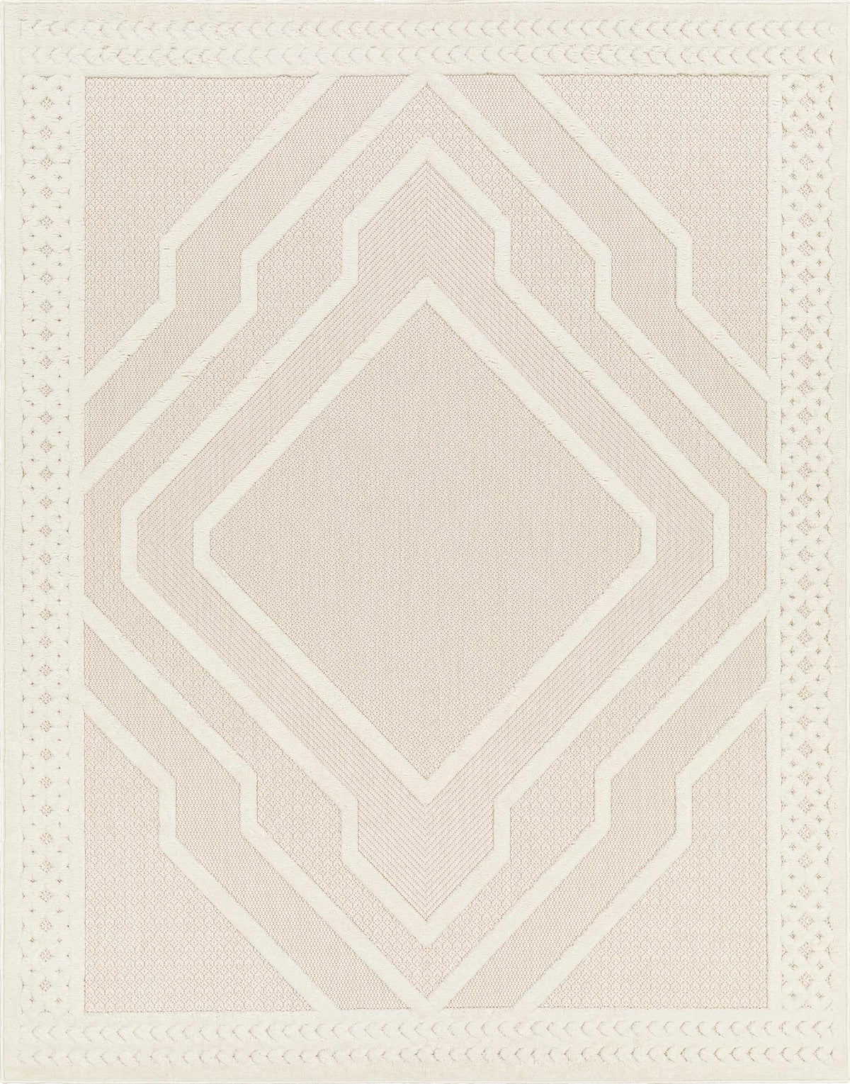 Anja Cream Outdoor Rug by Boutique Rugs, pink geometric chevron with cream border on Tampa Home & Garden Store