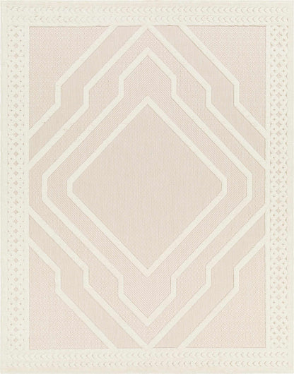 Anja Cream Outdoor Rug by Boutique Rugs, pink geometric chevron with cream border on Tampa Home & Garden Store