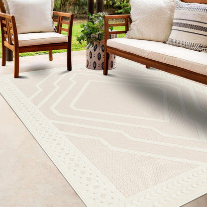 Anja Cream Outdoor Rug by Boutique Rugs, cream woven rug with geometric border for patio on Tampa Home & Garden Store