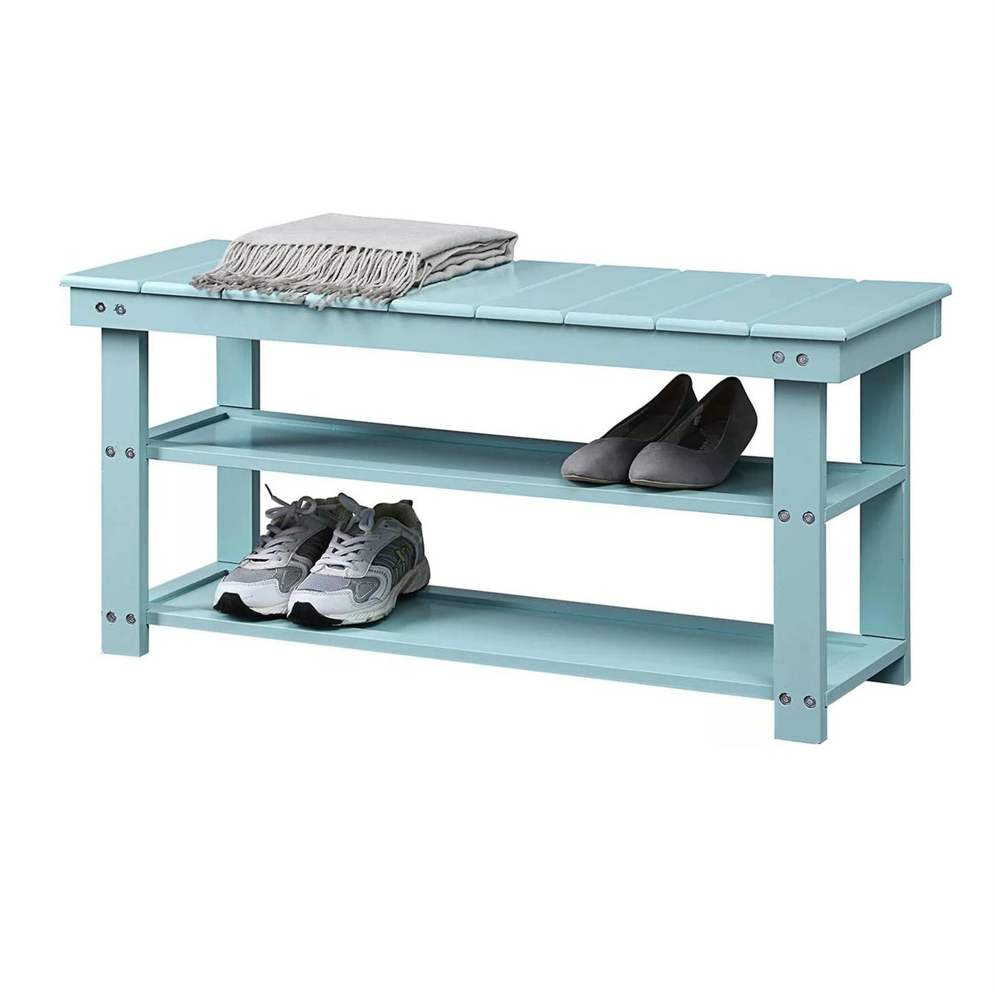 Banco de almacenamiento de 2 estantes de madera color azul aguamarina Sea Foam para zapatos, para entrada o armario