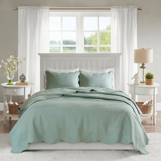 King Size 3 Piece Reversible Scalloped Edges Microfiber Quilt Set in Seafoam - Tampa Home & Garden Store