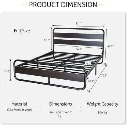 Cama de plataforma con estructura redonda de metal resistente y cabecero de panel de madera negro