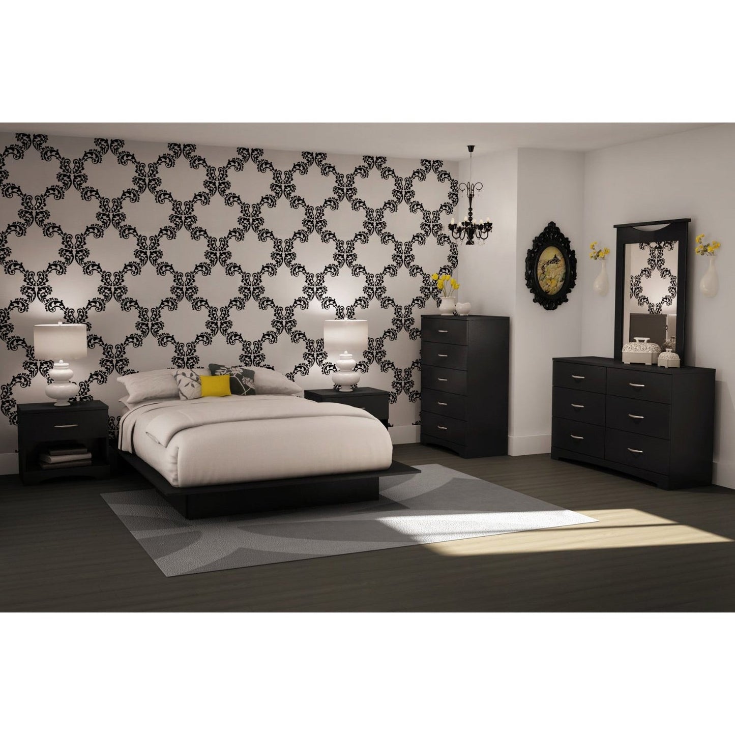 Cómoda de dormitorio moderna de 5 cajones con acabado de madera negra