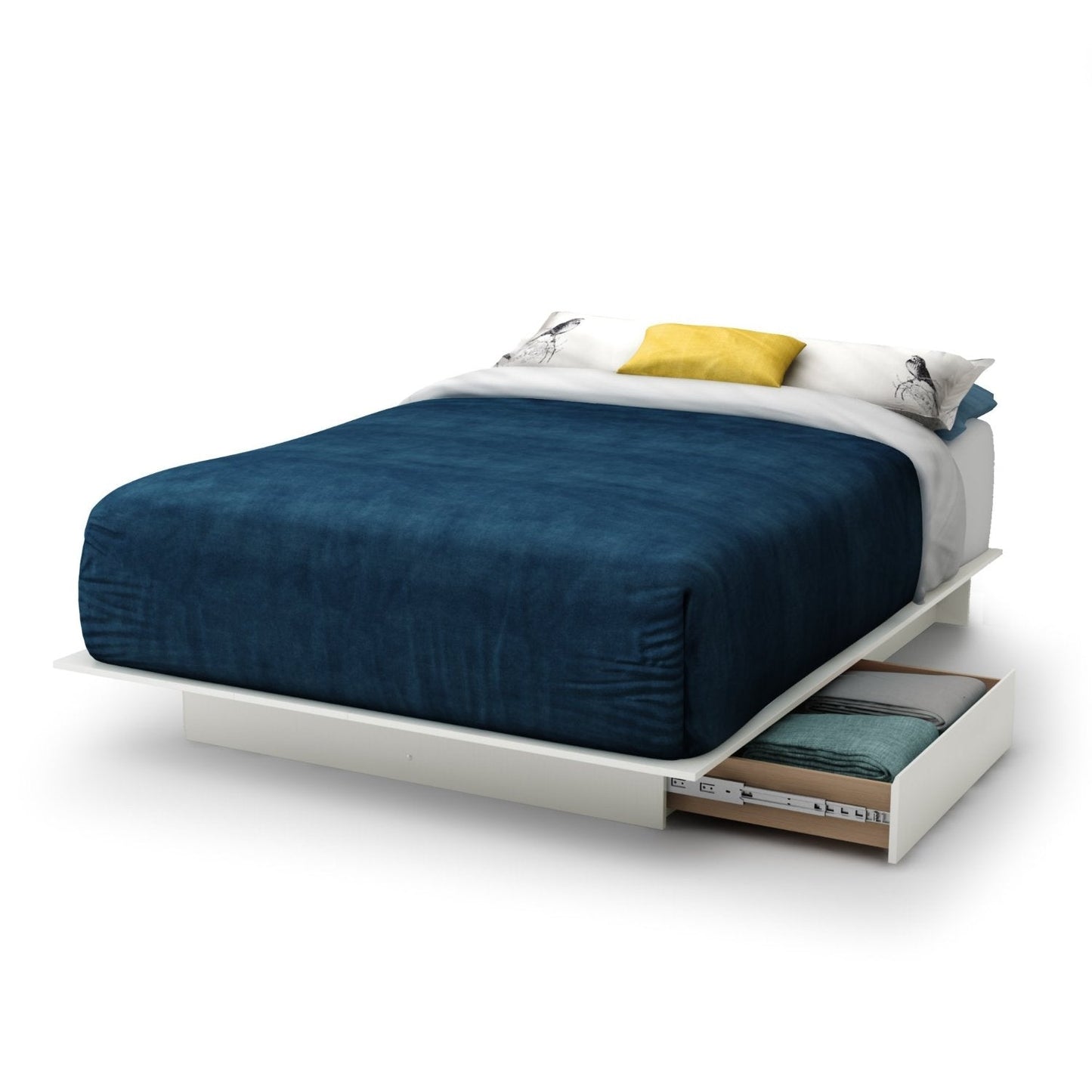 Base de cama de plataforma blanca moderna de tamaño completo con 2 cajones de almacenamiento