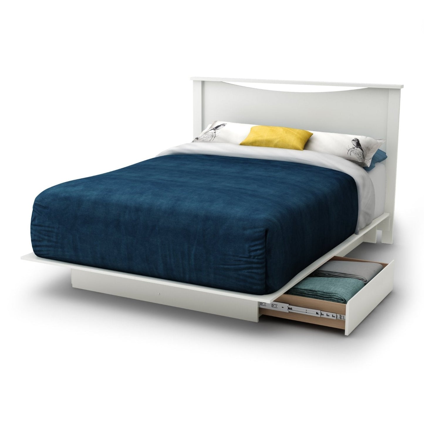 Base de cama de plataforma blanca moderna de tamaño completo con 2 cajones de almacenamiento