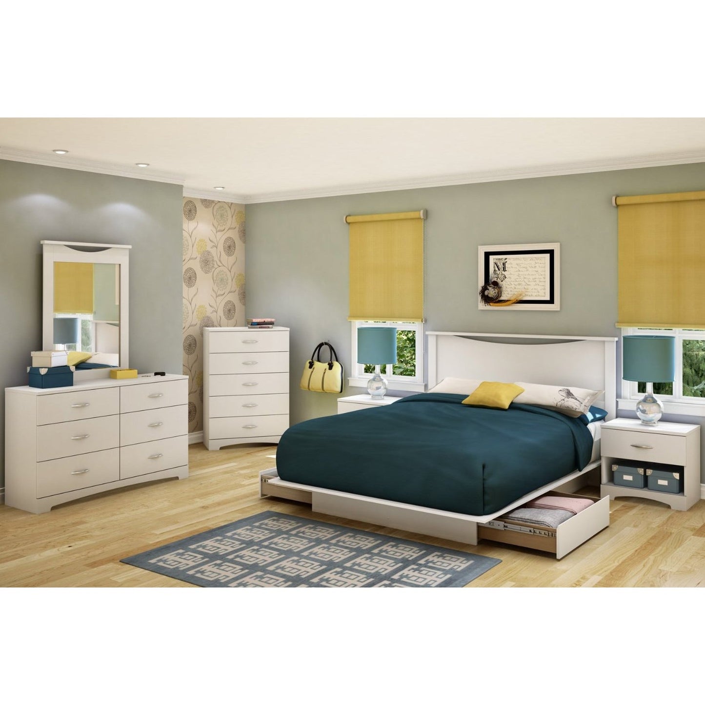 Base de cama de plataforma blanca moderna de tamaño completo con 2 cajones de almacenamiento