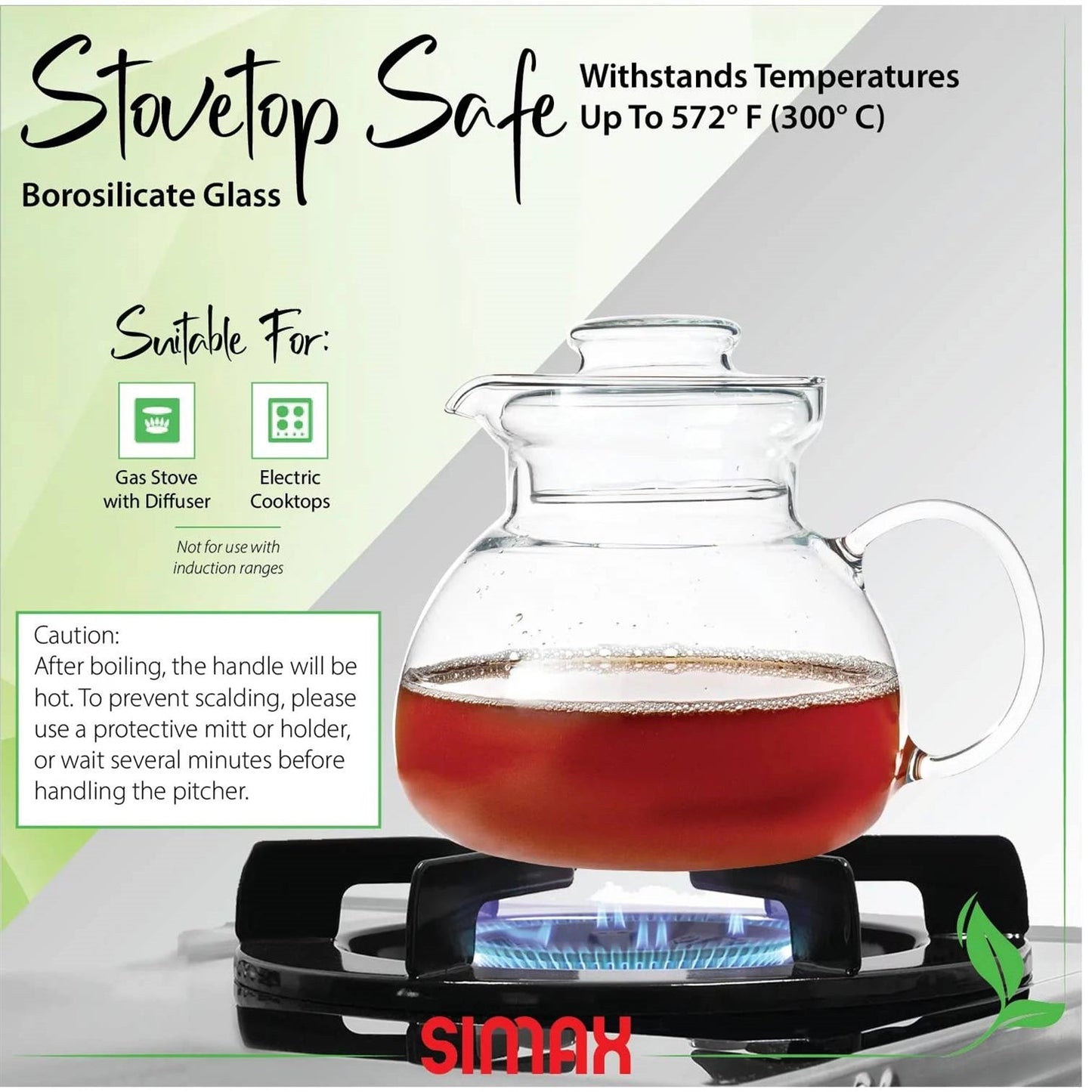 HomePacific 1.5 Quart borosilicate glass teapot with lid on gas stove top on Tampa Home & Garden Store