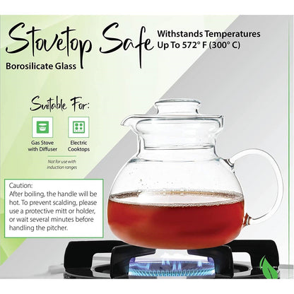 Tetera de cristal transparente para hornilla con tapa de 1,5 cuartos - Apta para microondas