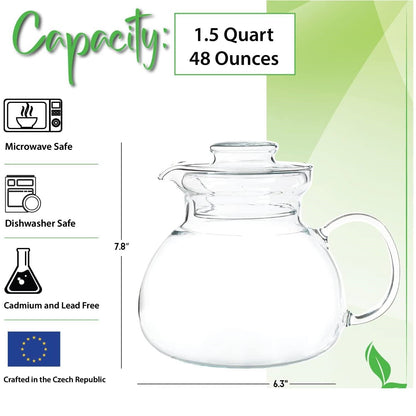Tetera de cristal transparente para hornilla con tapa de 1,5 cuartos - Apta para microondas