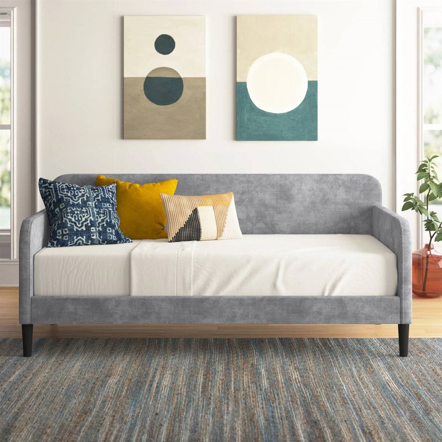 Sofá cama tapizado moderno de terciopelo gris plateado tamaño doble