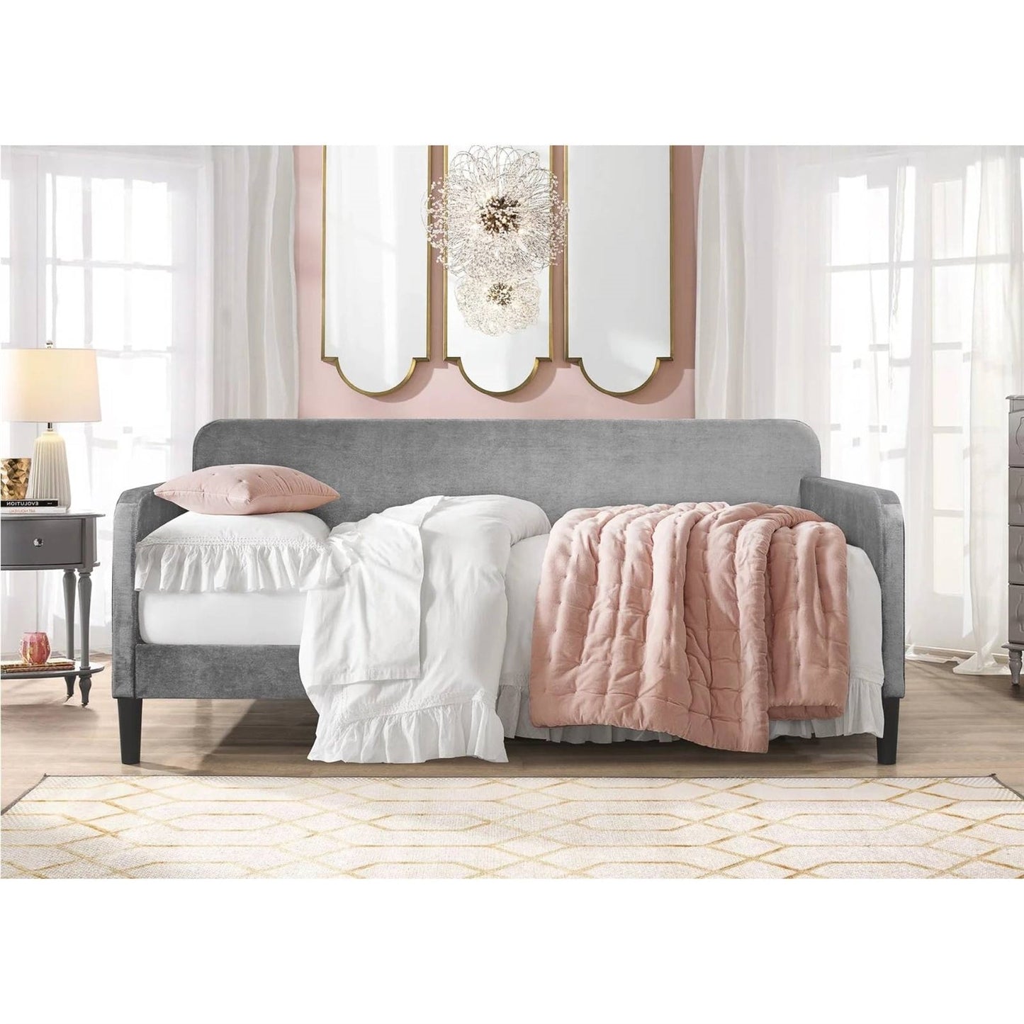 Sofá cama tapizado moderno de terciopelo gris plateado tamaño doble
