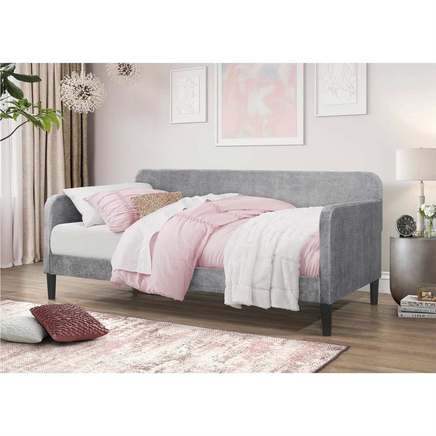 Sofá cama tapizado moderno de terciopelo gris plateado tamaño doble