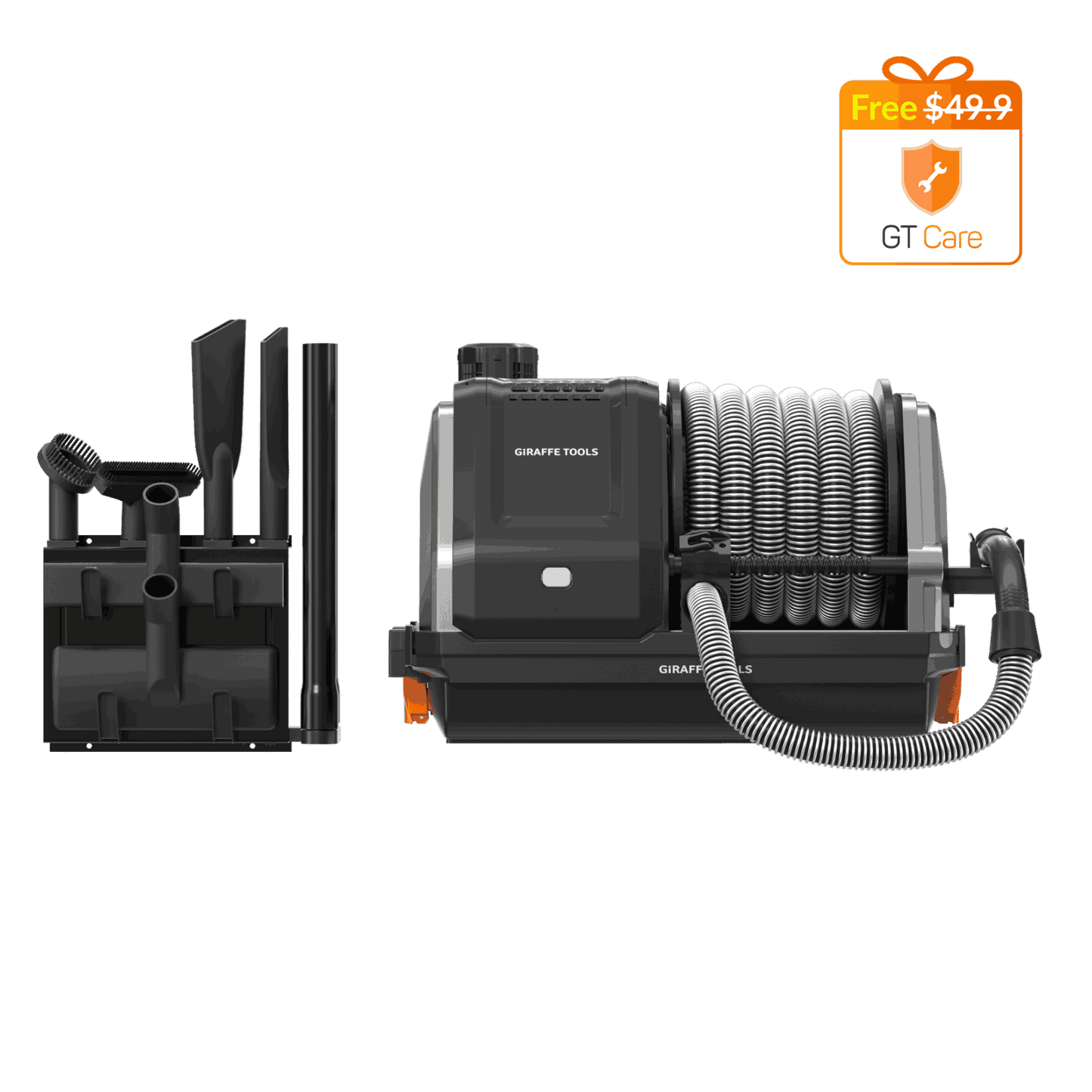 Grandstorm Retractable Garage Vacuum by Giraffe Tools with metal coil hose and attachment set on Tampa Home & Garden Store