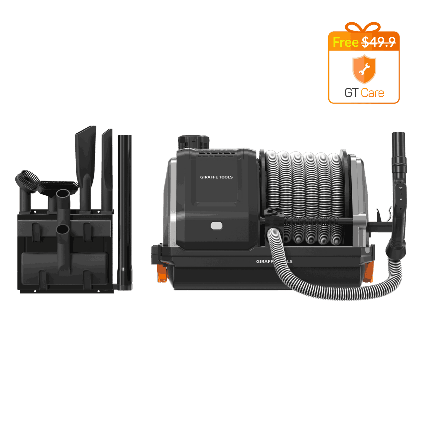 Grandstorm retractable garage vacuum by Giraffe Tools with black body and coiled hose on Tampa Home & Garden Store