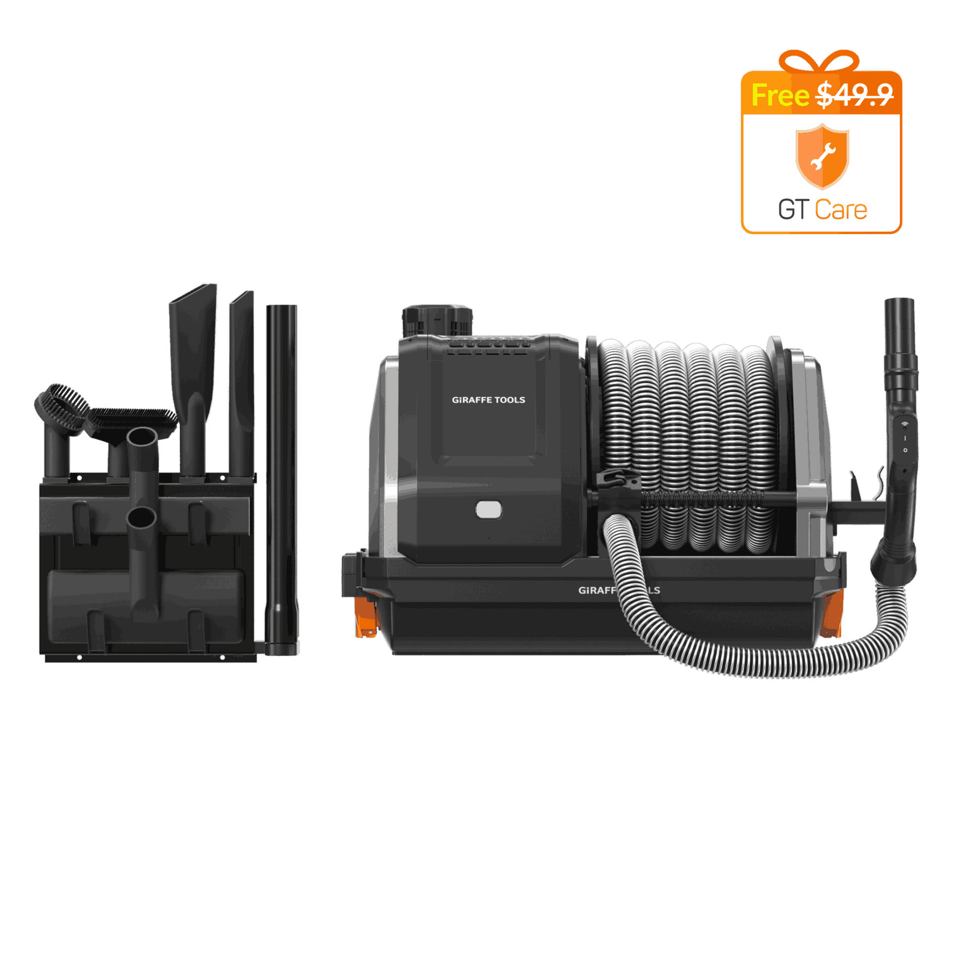 Grandstorm retractable garage vacuum by Giraffe Tools with black body and coiled hose on Tampa Home & Garden Store