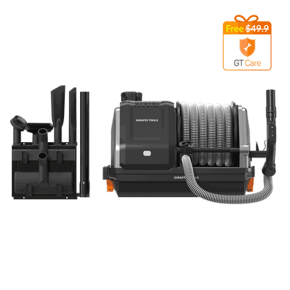Grandstorm retractable garage vacuum by Giraffe Tools with black body and coiled hose on Tampa Home & Garden Store