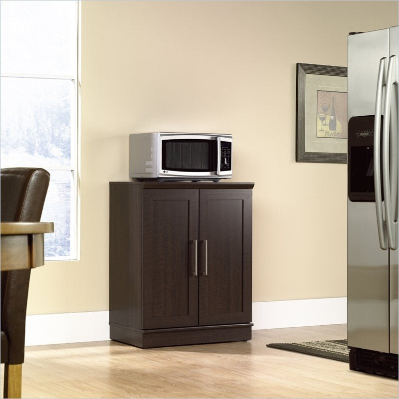 Mueble de microondas de almacenamiento de cocina contemporánea en roble oscuro