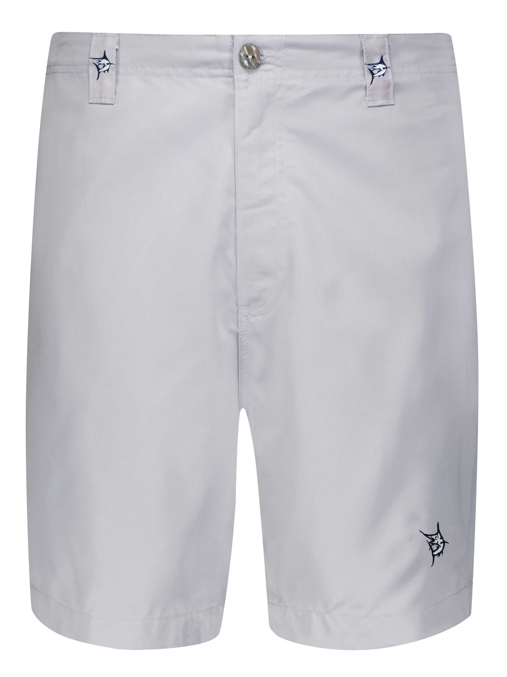Captain Shorts by White Water Life, light gray shorts with navy logo belt loops and front button on Tampa Home & Garden Store