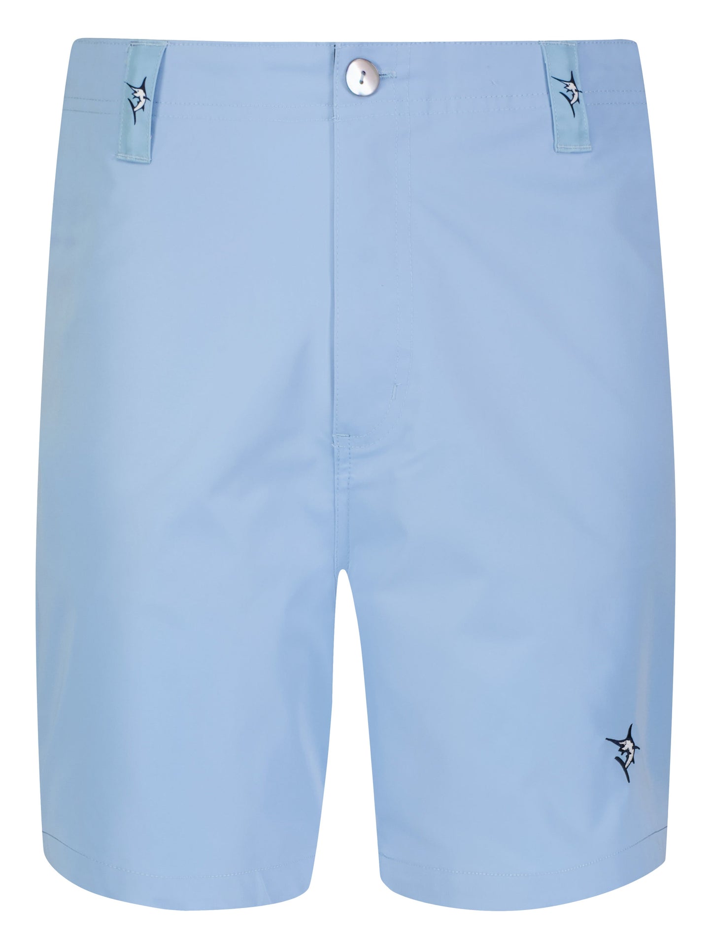 Captain Shorts by White Water Life, light blue shorts with logo belt loops and front button on Tampa Home & Garden Store
