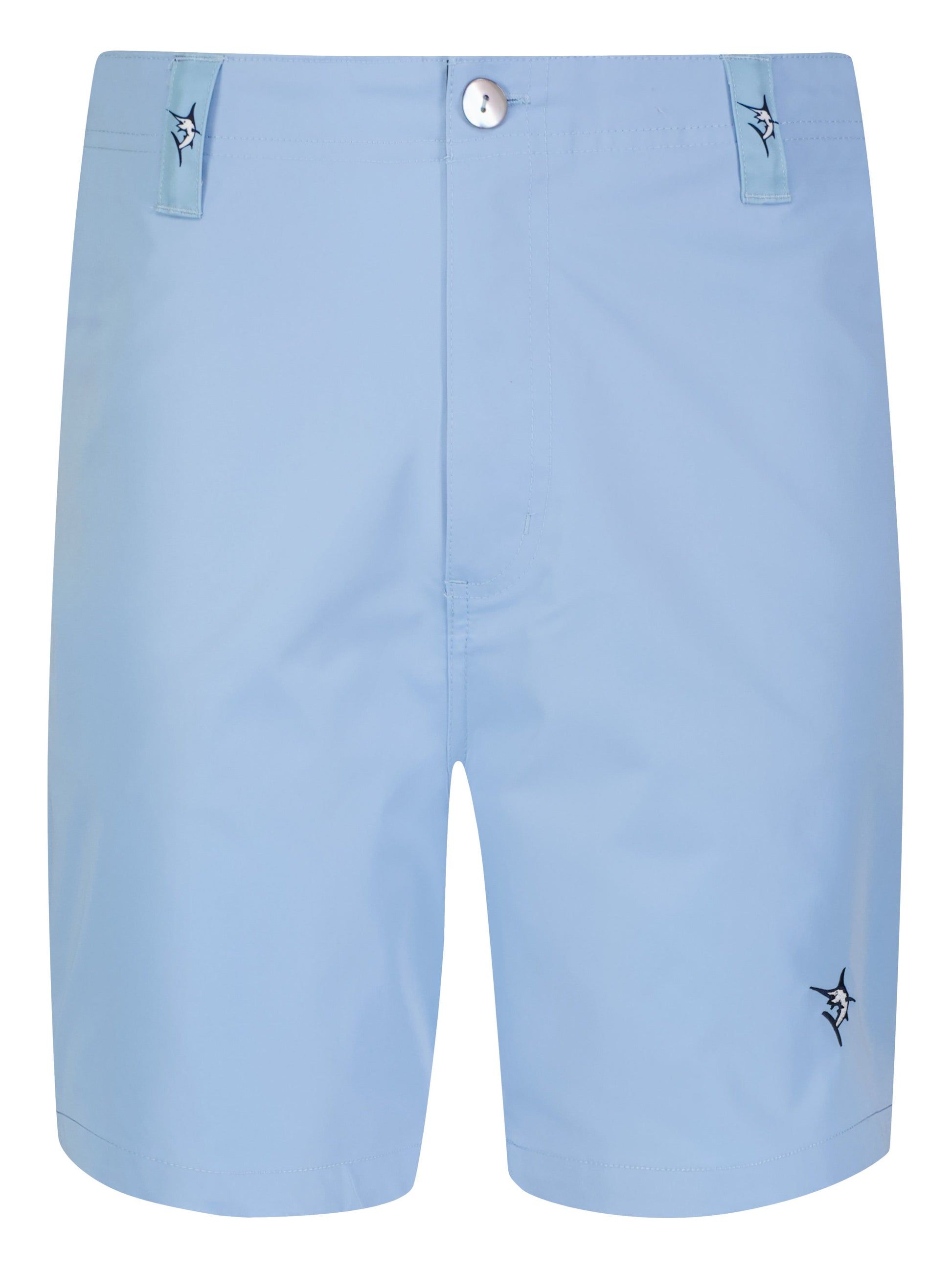 Captain Shorts by White Water Life, light blue shorts with logo belt loops and front button on Tampa Home & Garden Store