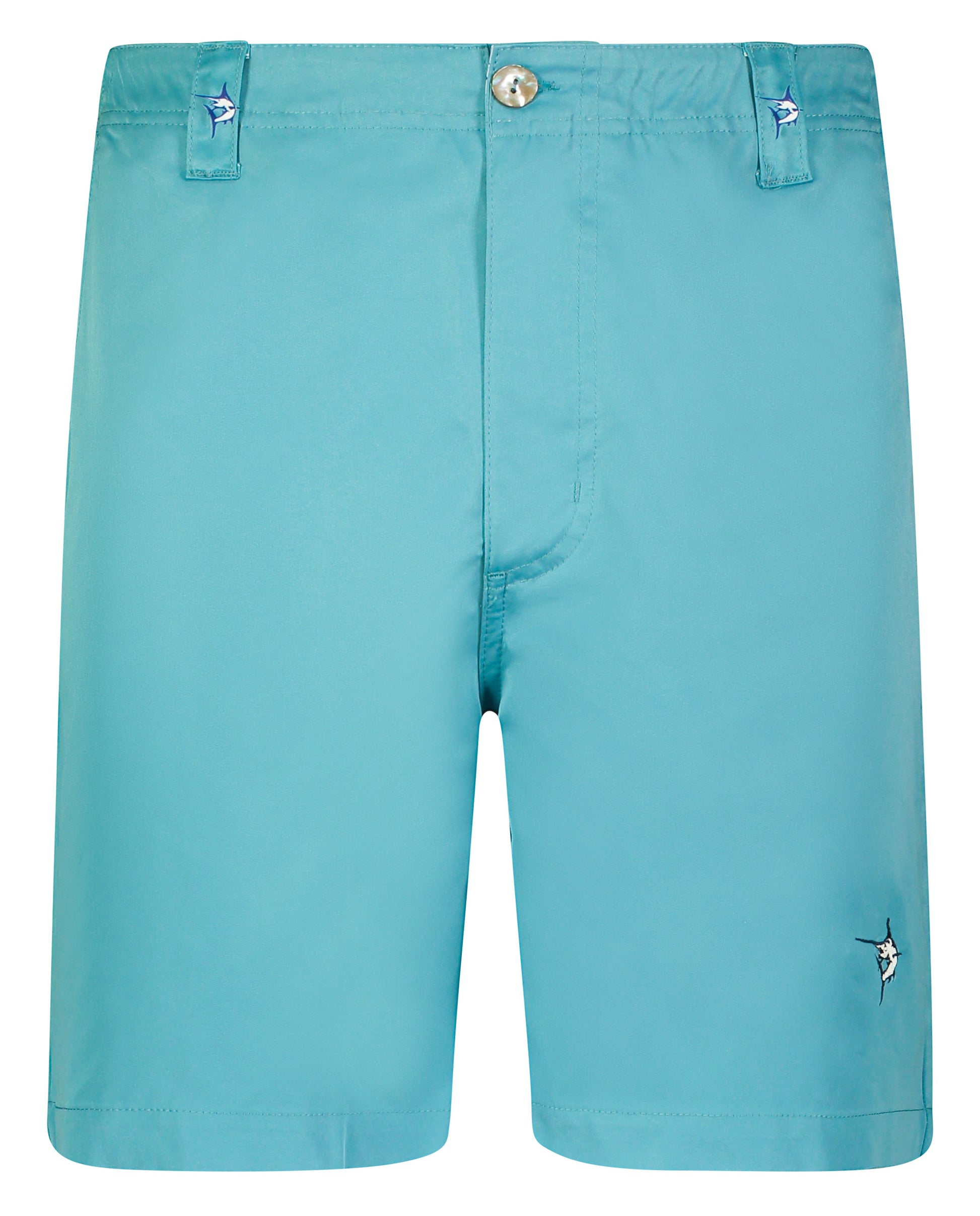 Captain Shorts by White Water Life, teal fabric shorts with front button and logo accents on Tampa Home & Garden Store