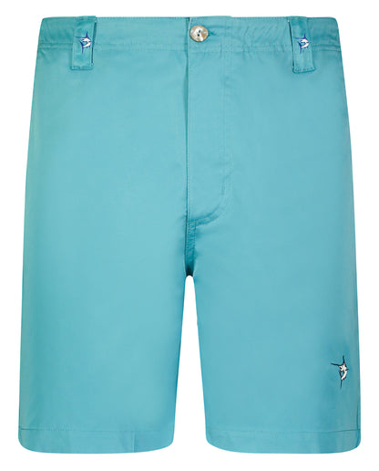 Captain Shorts by White Water Life, teal fabric shorts with front button and logo accents on Tampa Home & Garden Store