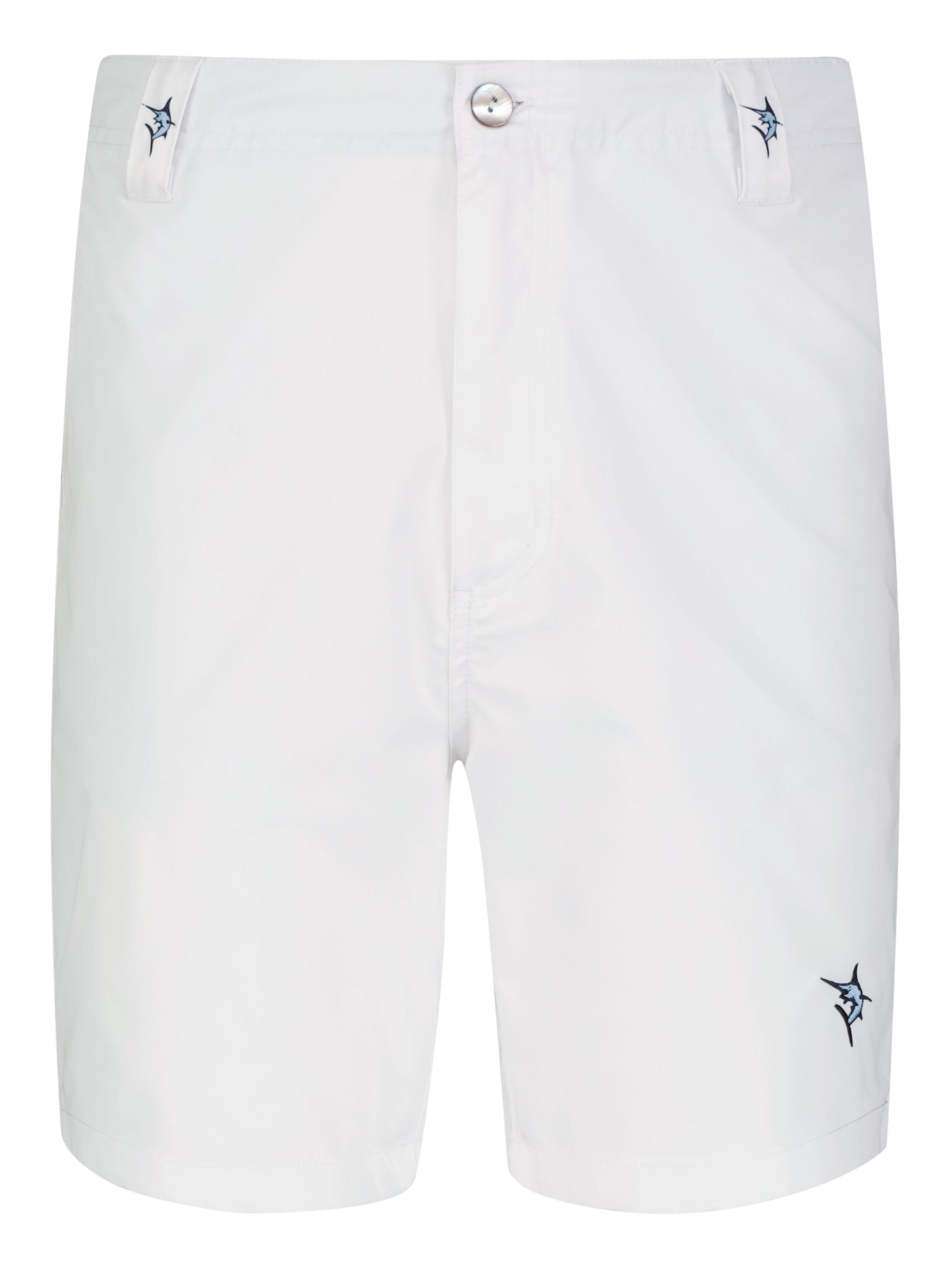 Captain Shorts white with front button and White Water Life belt-loop and leg logos on Tampa Home & Garden Store