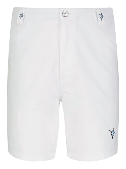 Captain Shorts by White Water Life, white shorts with navy logo on belt loops on Tampa Home & Garden Store