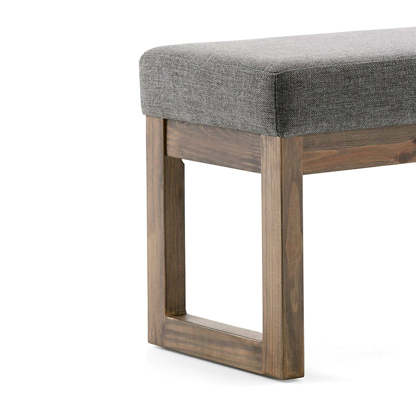 Banco otomano decorativo con estructura de madera moderna y asiento de tela tapizado en gris