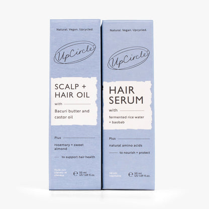 UpCircle scalp oil and hair serum duo boxes in blue packaging with UpCircle branding on Tampa Home & Garden Store