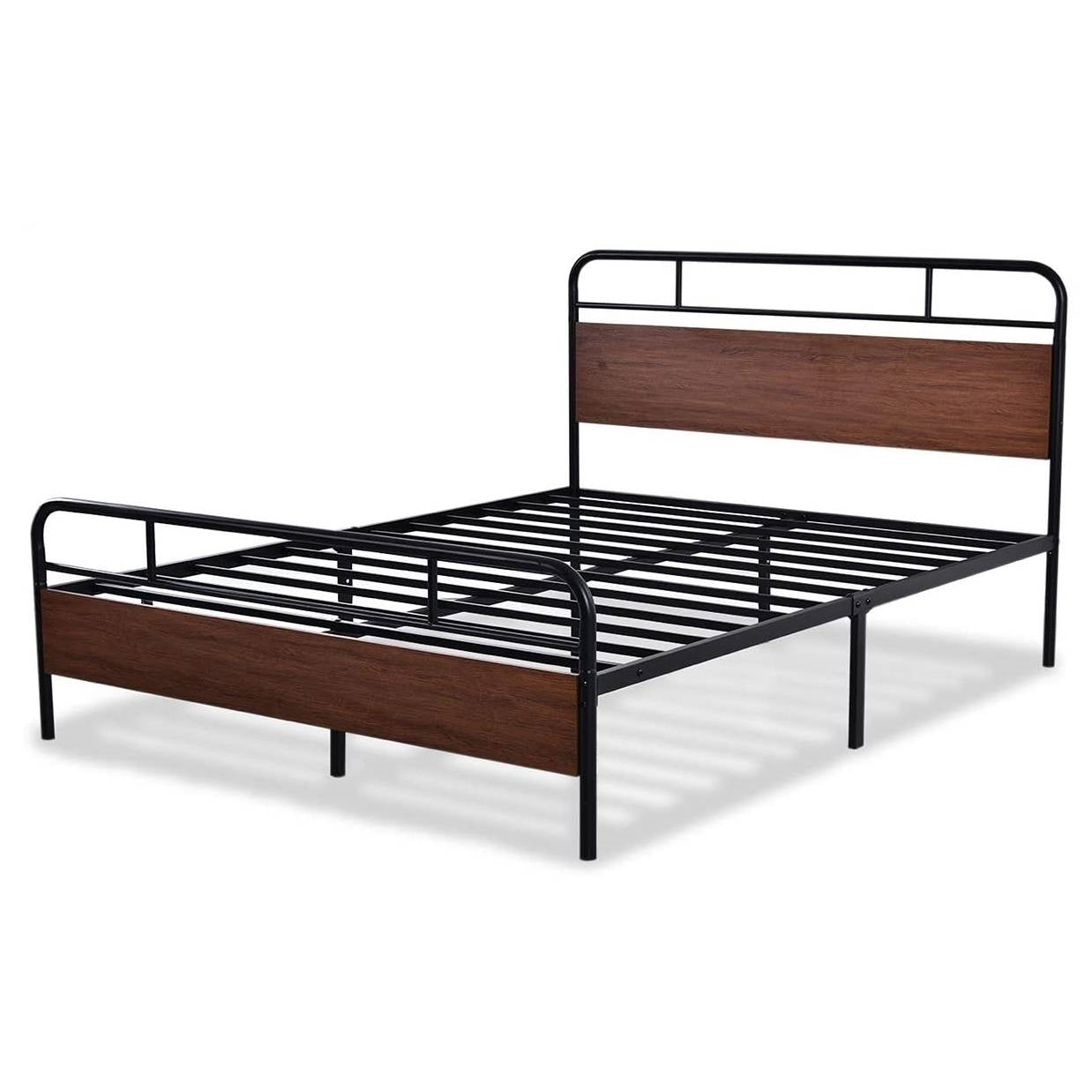 Base de cama de plataforma Queen industrial de metal y madera con cabecera y pie de cama