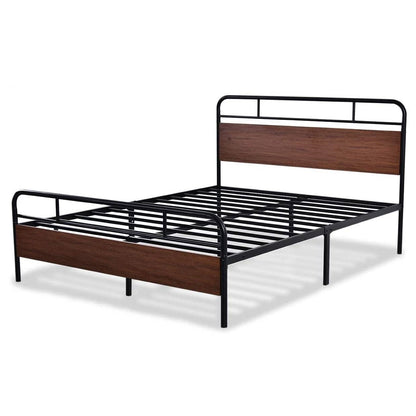 Base de cama de plataforma Queen industrial de metal y madera con cabecera y pie de cama